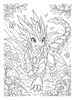 A friendly dragon coloring page showing an armored anime creature walking through a meadow.