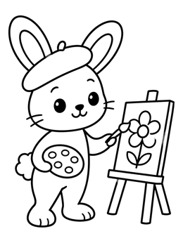 A cute artist bunny coloring page with beret painting a flower on a small easel.