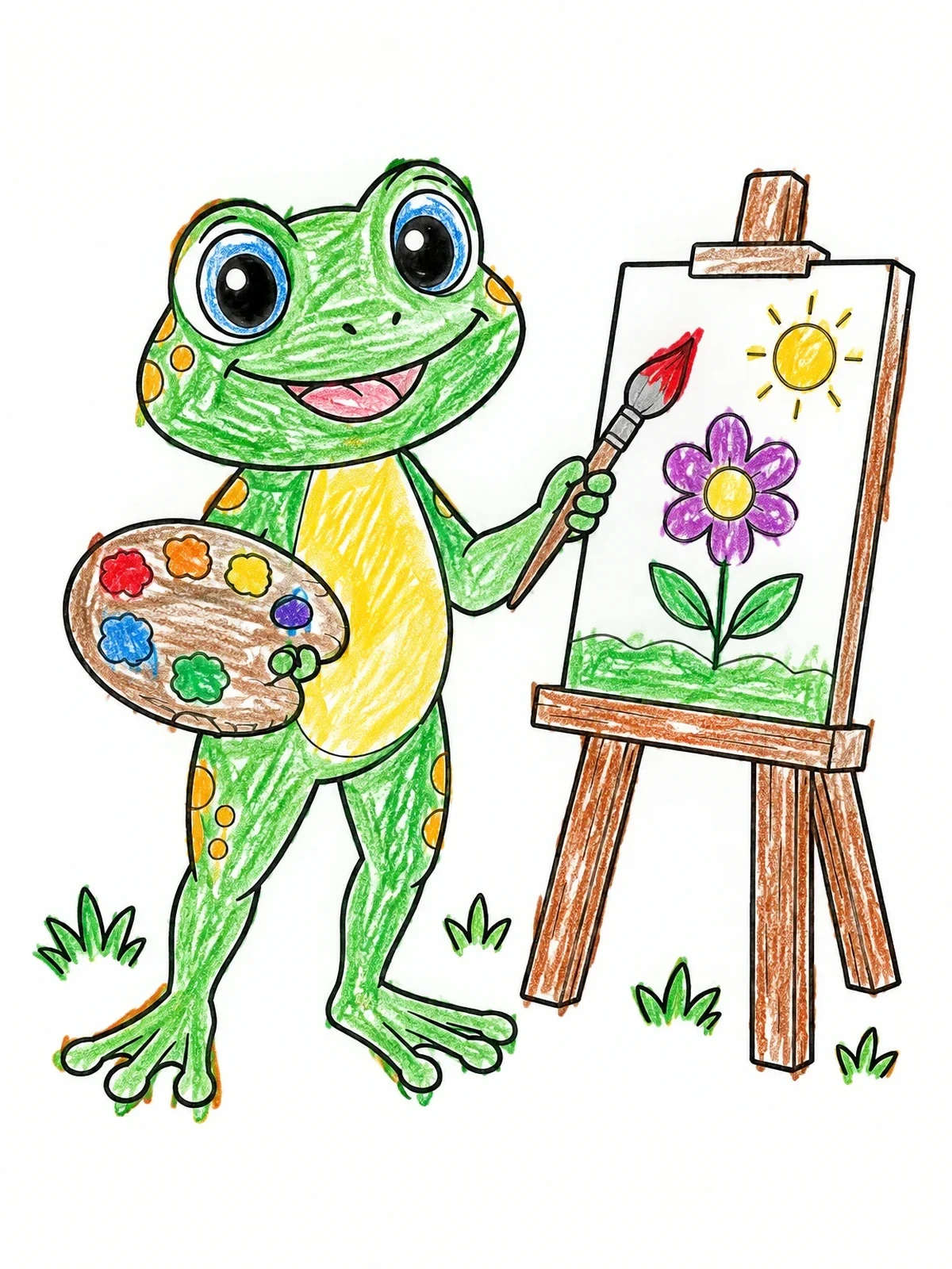 Colored example of the Cute Artist Frog Painting On Easel coloring page