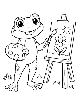 A cheerful frog coloring page featuring an artist frog painting a flower on an easel.