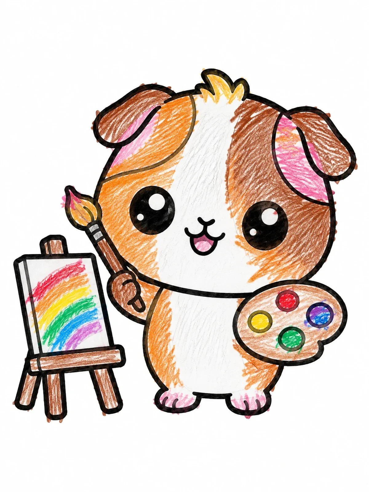 Colored example of the Cute Artist Guinea Pig At Easel coloring page