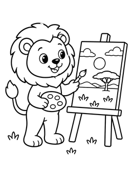 A cheerful lion coloring page featuring a cub painting a savannah view.