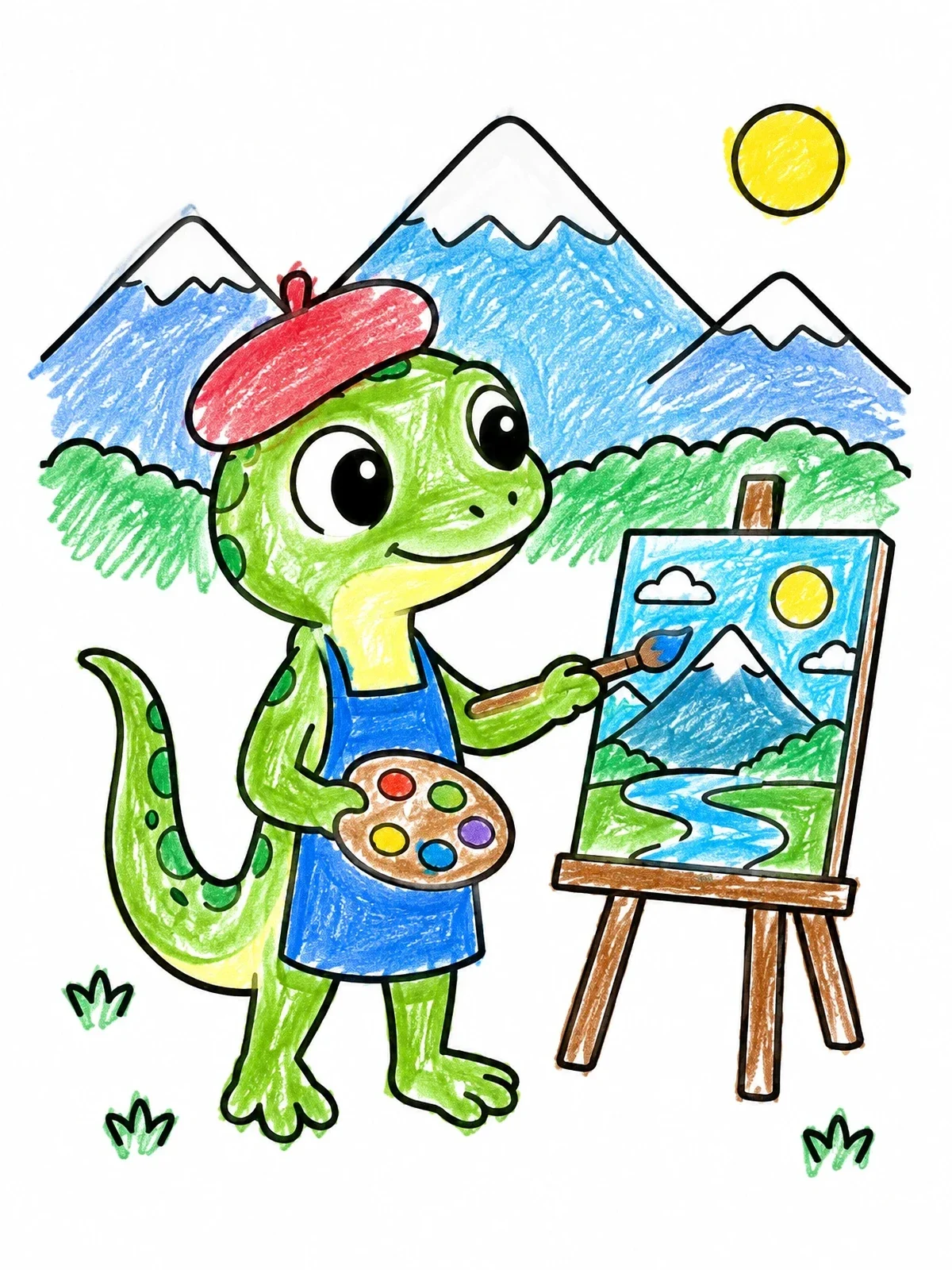 Colored example of the Cute Artist Lizard Painting Outdoors coloring page