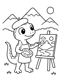 A cute lizard coloring page featuring a reptile painting a mountain view on an easel.