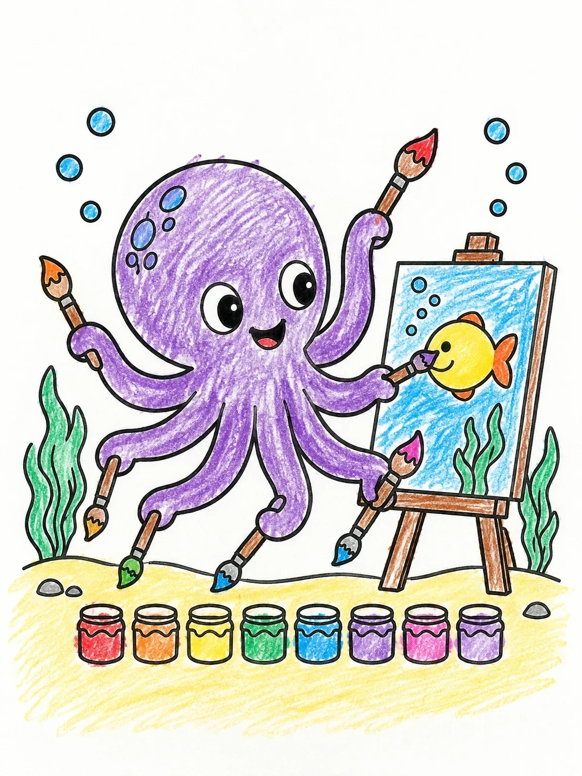 Colored example of the Cute Artist Octopus Painting On Canvas coloring page