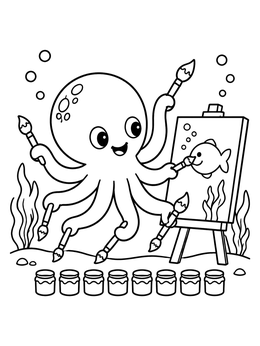 A cheerful octopus coloring page showing an octopus painting a fish on an easel underwater.