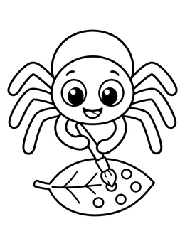A cheerful spider coloring page showing a little spider painting circles on a leaf.