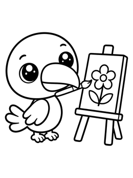 A sweet little bird in this toucan coloring page holds a paintbrush to paint a flower on an easel.
