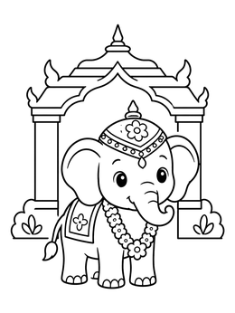 Free printable Cute Asian Elephant By Temple coloring page
