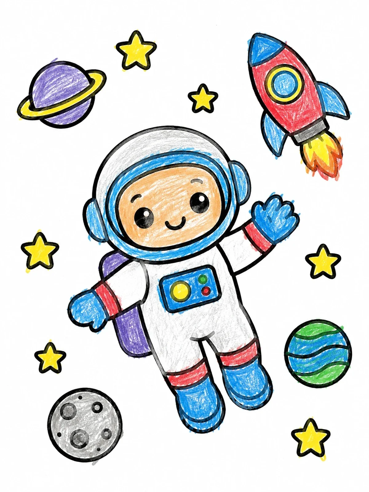 Colored example of the Cute Astronaut Floating In Outer Space coloring page