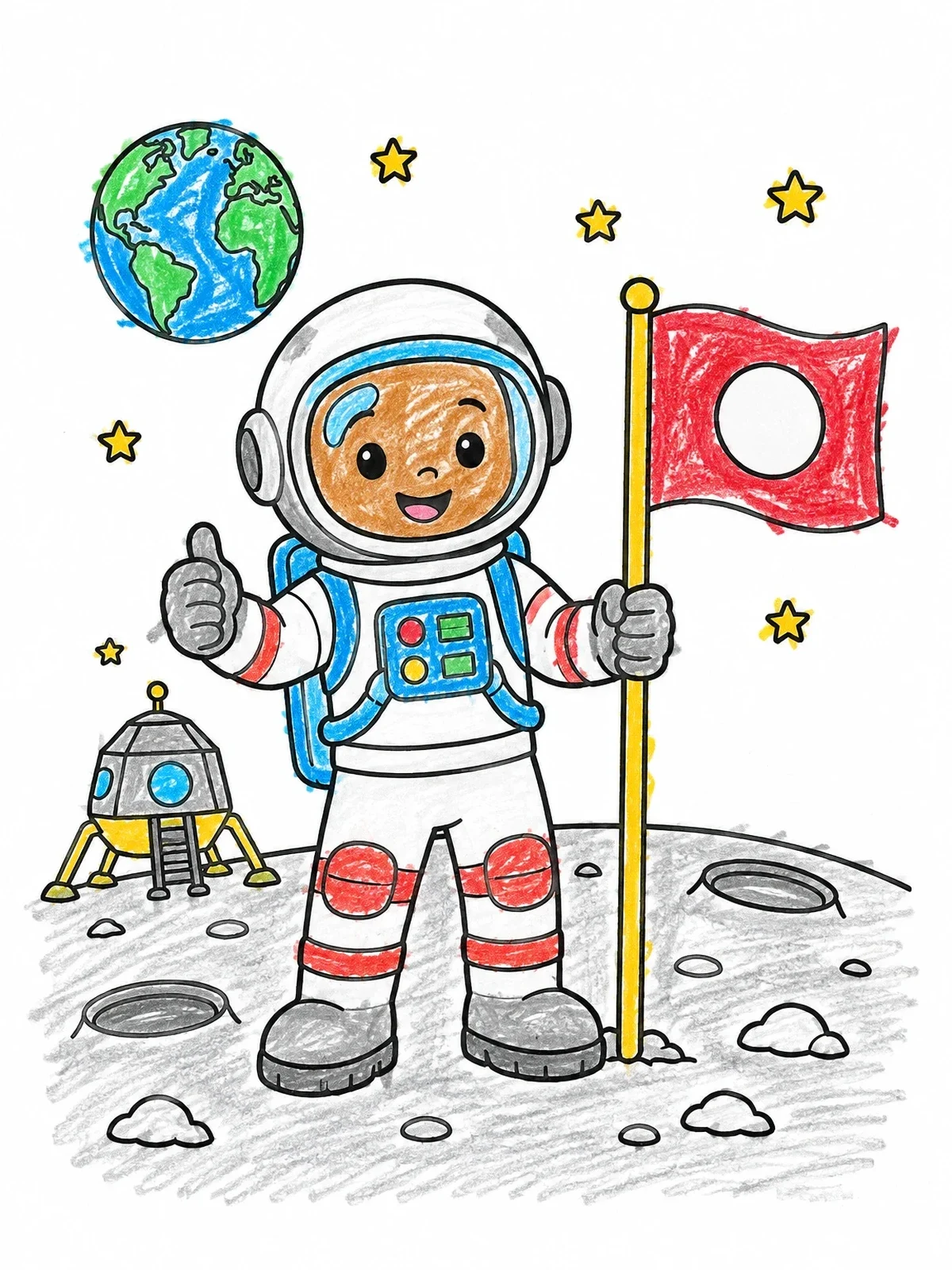 Colored example of the Cute Astronaut On The Moon coloring page