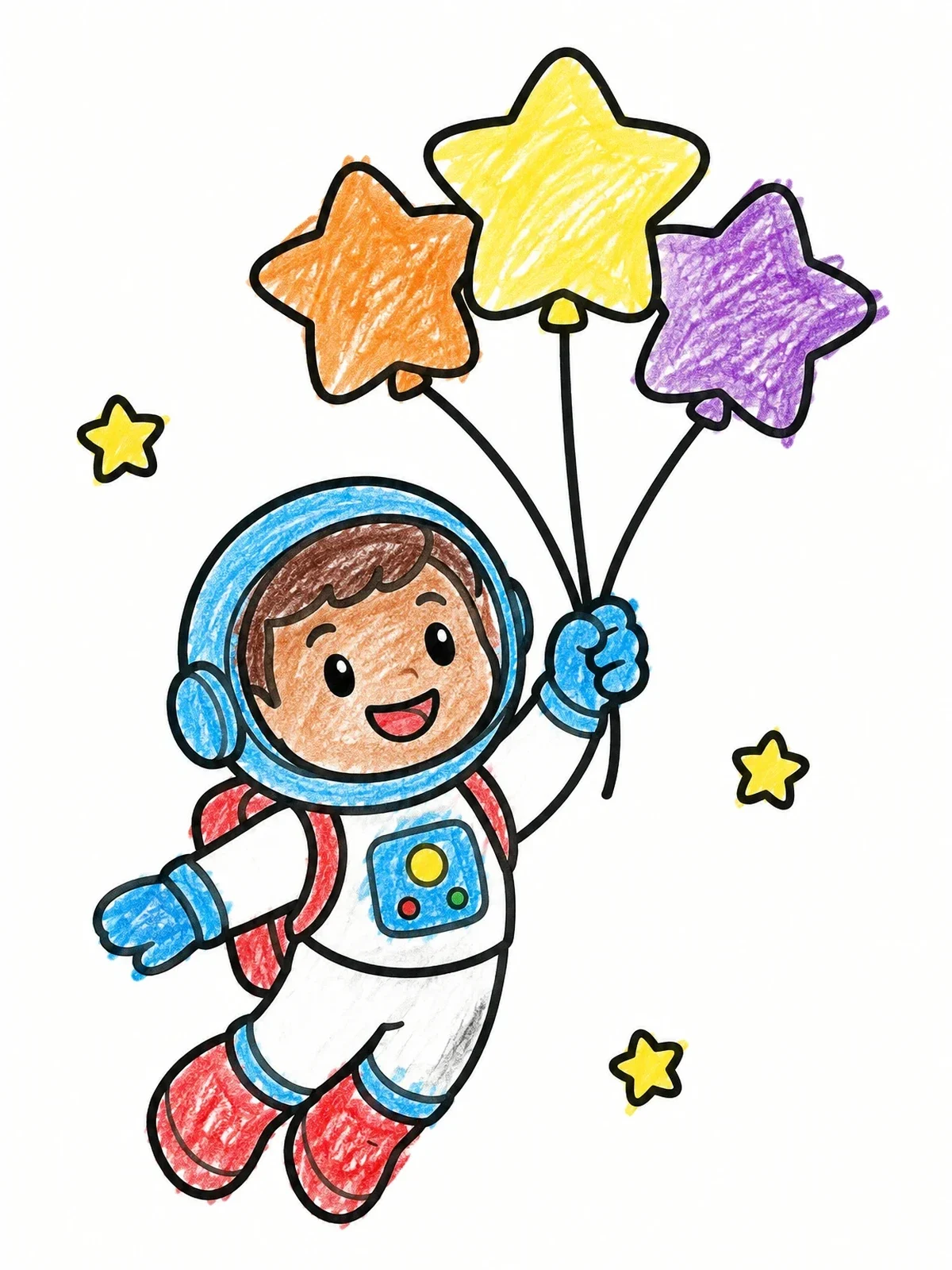 Colored example of the Cute Astronaut Floating With Star Balloons coloring page