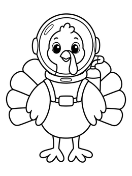 An adorable turkey coloring page showing a turkey wearing an astronaut helmet and backpack.