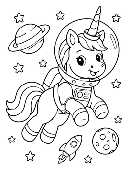 An adorable astronaut unicorn in this space coloring page floating among stars and planets.