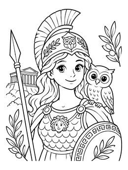 Free printable Athena With Little Owl And Spear coloring page