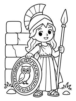 Free printable Cute Goddess Athena With Shield And Spear coloring page