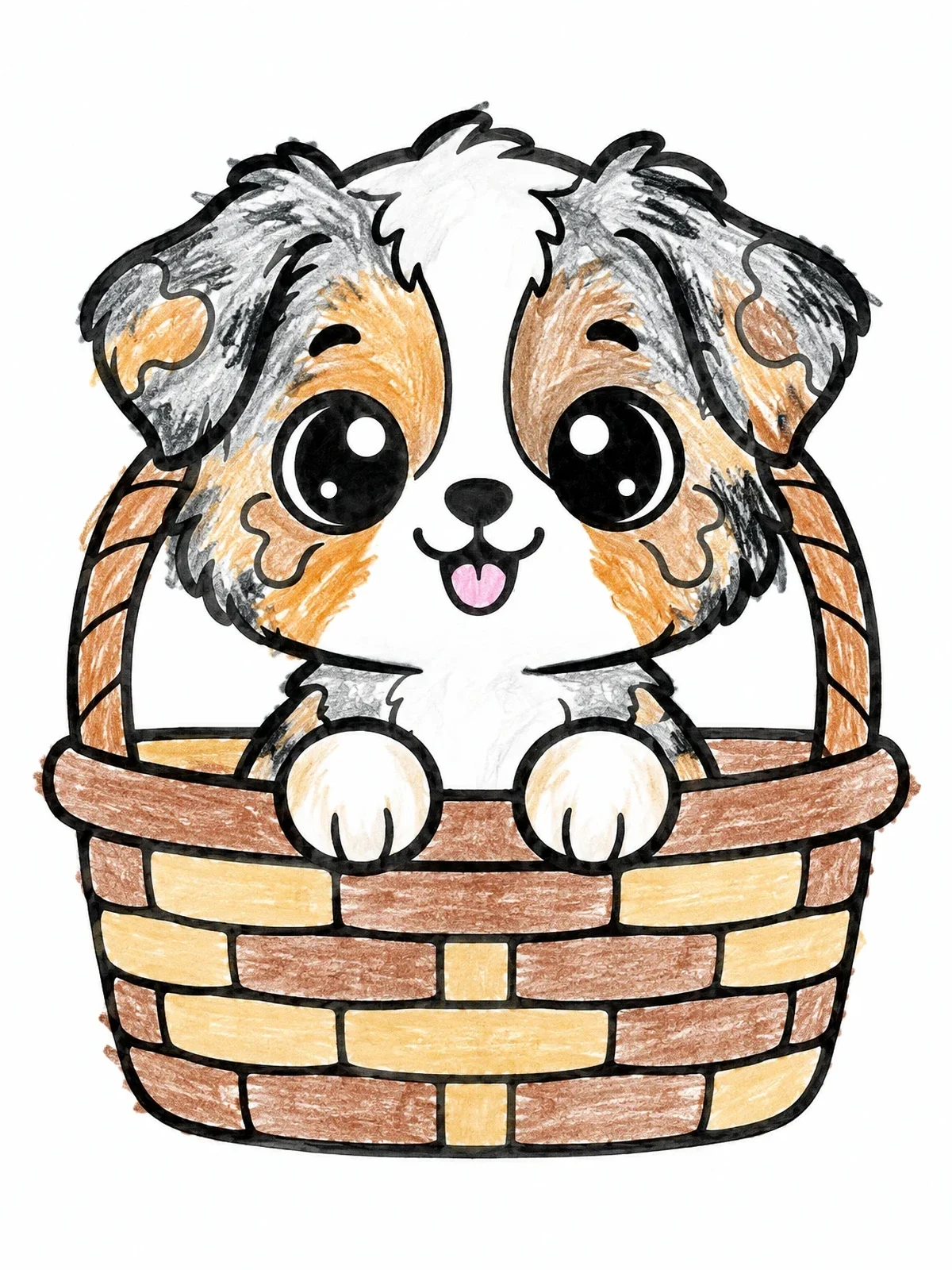 Colored example of the Cute Australian Shepherd Puppy In Basket coloring page