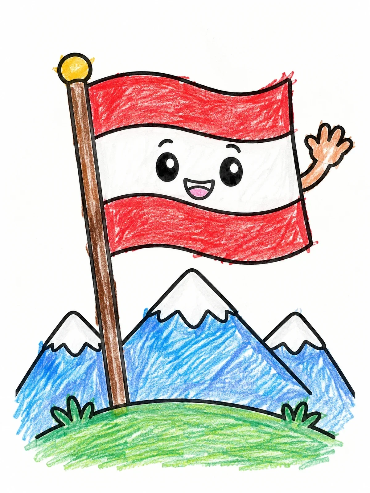 Colored example of the Cute Waving Austrian Flag Over Mountains coloring page