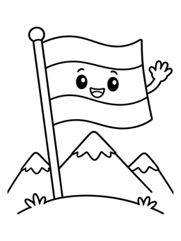 Free printable Cute Waving Austrian Flag Over Mountains coloring page