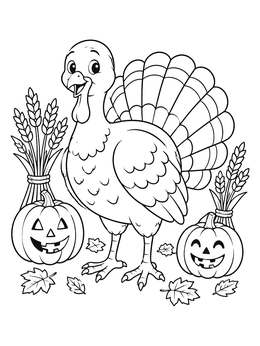 A cheerful bird stands between jack-o'-lanterns on this turkey coloring page.