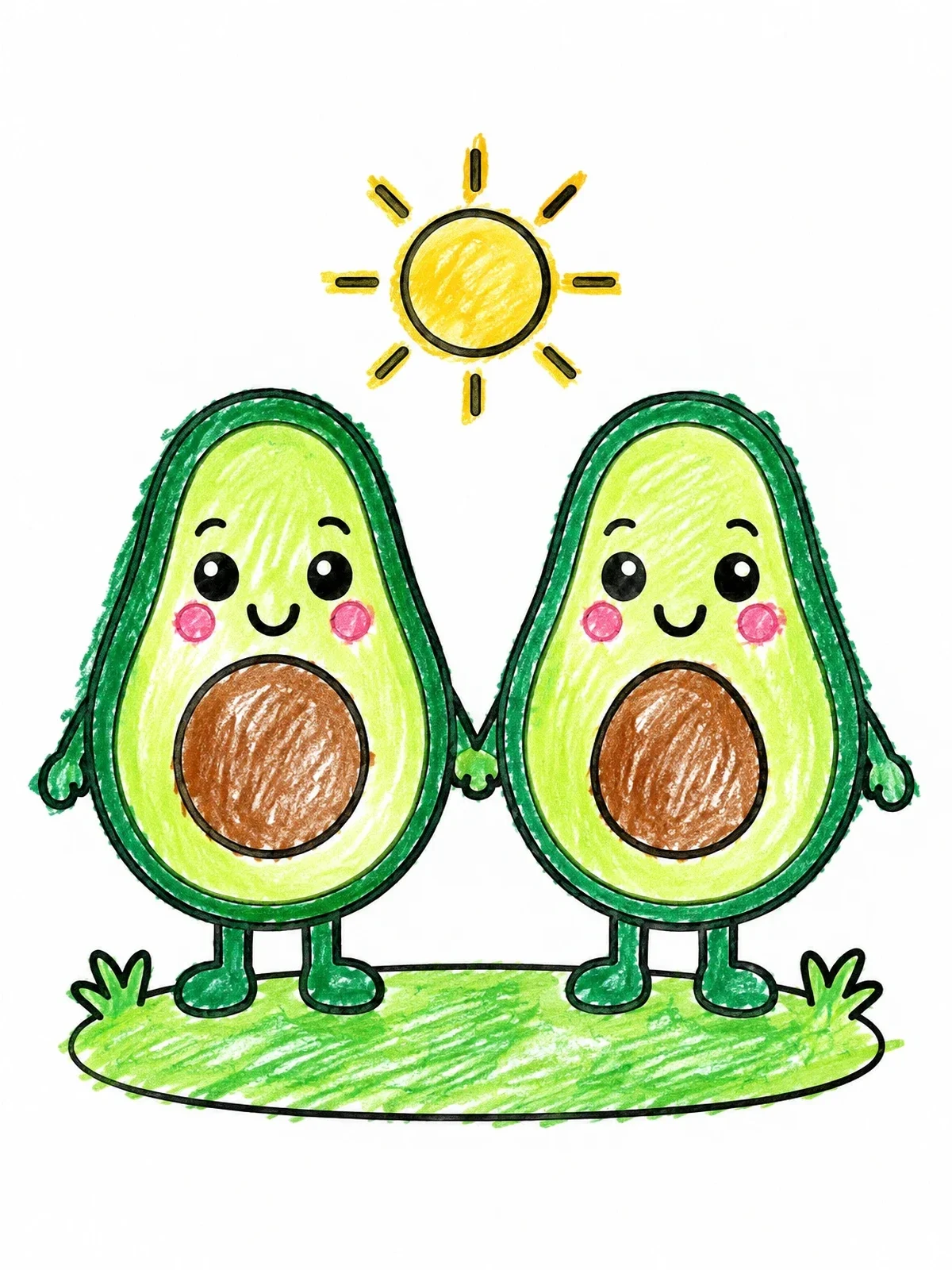 Colored example of the Cute Avocado Friends Holding Hands coloring page