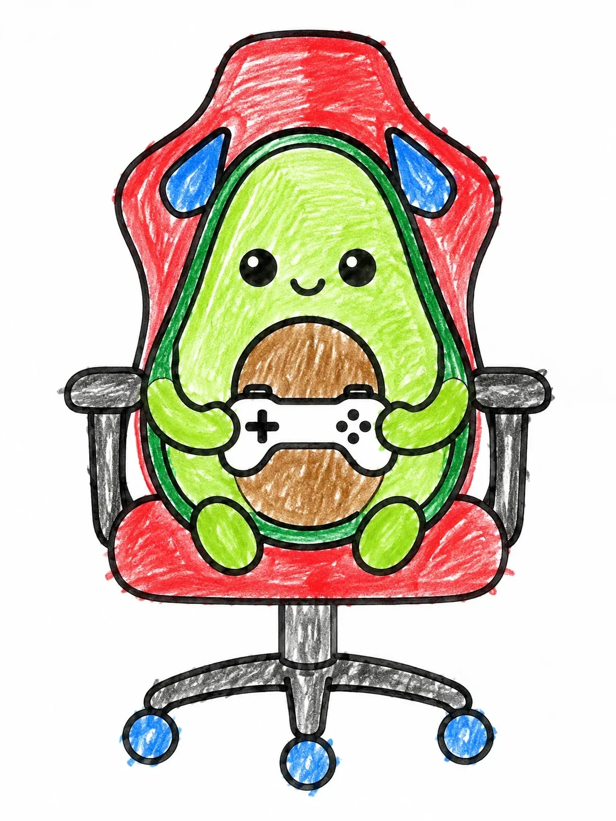 Colored example of the Cute Avocado Gamer In Chair coloring page