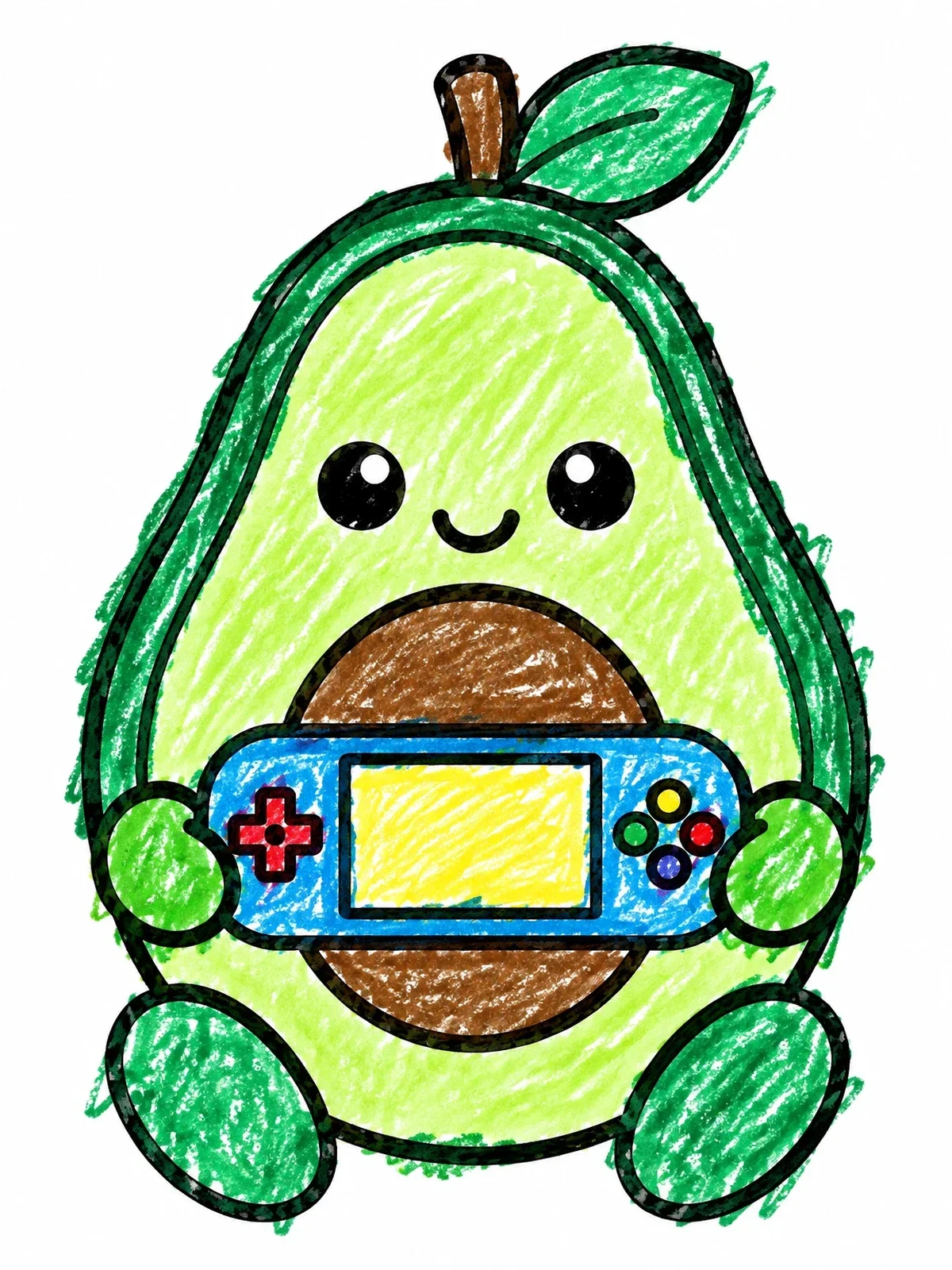 Colored example of the Cute Avocado Playing Handheld Video Game coloring page