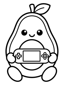 Free printable Cute Avocado Playing Handheld Video Game coloring page