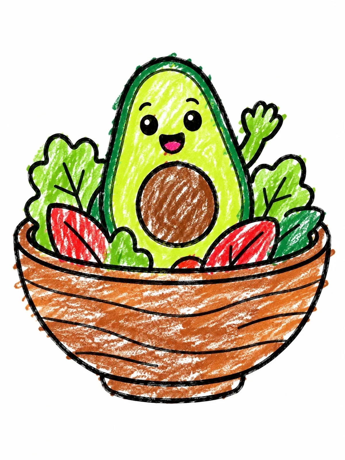 Colored example of the Cute Avocado In Salad Bowl coloring page