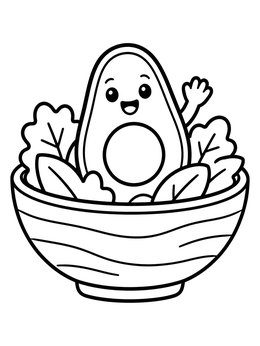 Free printable Cute Avocado In Salad Bowl coloring page