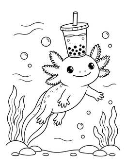 A cheerful axolotl coloring page showing the creature balancing a boba tea cup underwater.