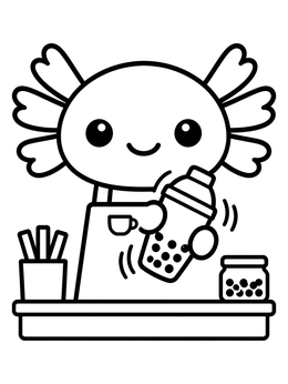 An adorable axolotl coloring page features a happy barista shaking a boba drink at a counter.
