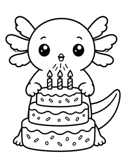 A cute axolotl coloring page showing the animal blowing out candles on a birthday cake.