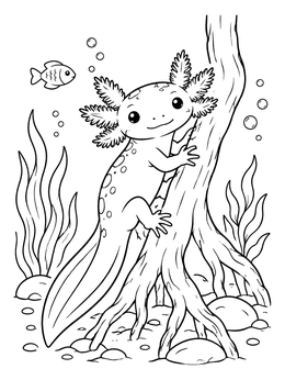 A friendly axolotl coloring page showing the creature climbing a submerged root near a little fish.