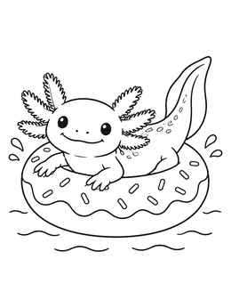 A cheerful axolotl coloring page featuring a salamander floating in a donut swim ring on water.