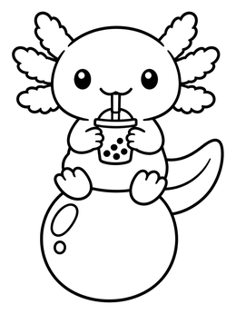 A cute axolotl coloring page featuring a small salamander sitting on a bubble while sipping boba.