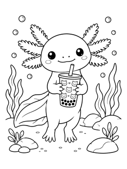 An axolotl coloring page featuring a smiling axolotl holding a cute cat-patterned boba drink underwater.