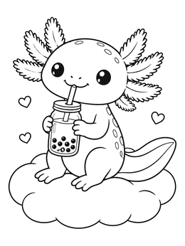 An adorable axolotl coloring page with boba tea on a soft cloud.