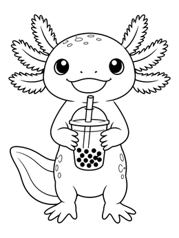 A cheerful cartoon character in an axolotl coloring page holding a cup of boba tea with both paws.