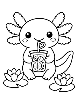A cute axolotl coloring page showing a little salamander drinking fruit tea by water lilies.