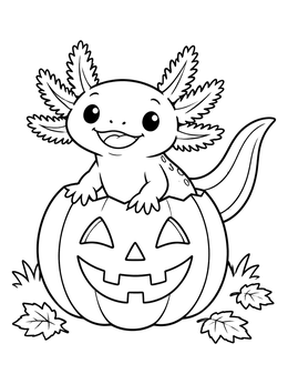 A cheerful axolotl coloring page featuring a salamander emerging from a carved jack-o-lantern.