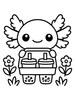 A sweet axolotl coloring page with two boba tea cups in a drink carrier in a garden.