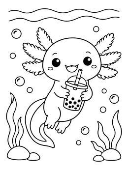 Free printable Cute Axolotl With Boba Tea coloring page