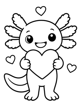 A cheerful cartoon axolotl coloring page featuring floating hearts.