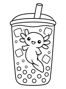 A cheerful cartoon axolotl swimming in bubble tea on an axolotl coloring page.