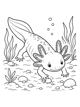 A friendly salamander crawls along rocks in this axolotl coloring page.