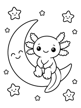 A sweet axolotl coloring page showing a little axolotl sitting on a smiling crescent moon surrounded by stars.