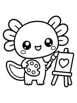 An adorable axolotl coloring page showing a little artist holding a palette and brush next to an easel.