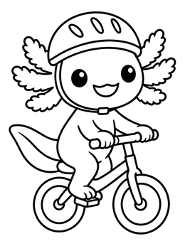 A cheerful cartoon axolotl coloring page featuring the little creature riding a bicycle with a safety helmet.