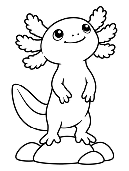 A cute cartoon axolotl coloring page standing upright on smooth river rocks.